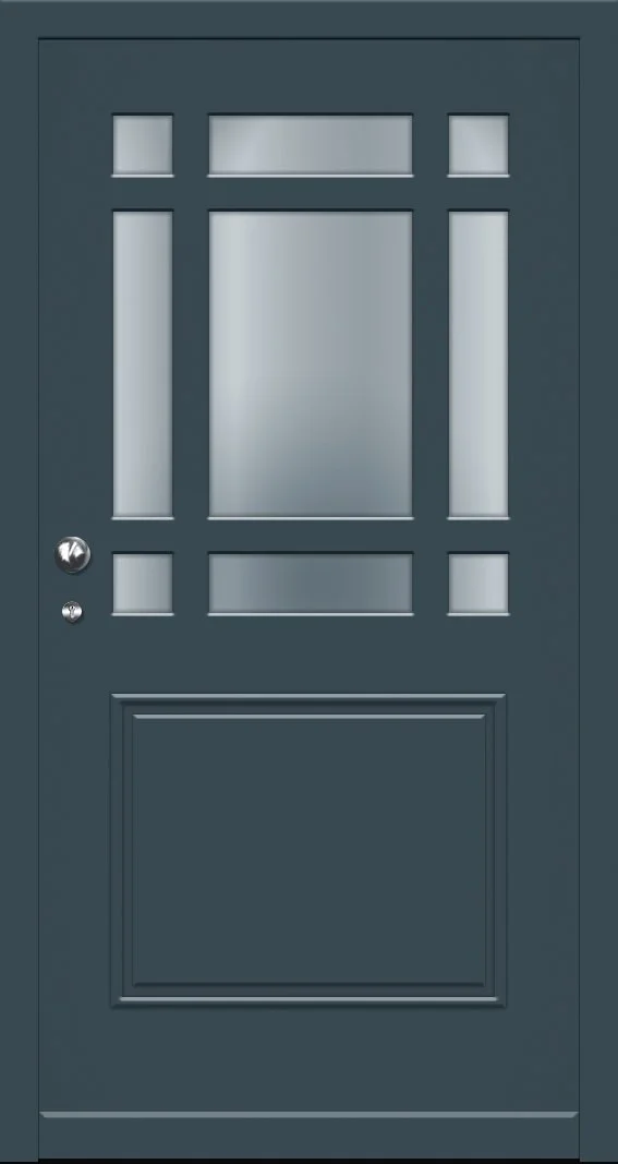 Eine dunkelblaue Haustür mit mehreren Glasfenstern und einem Türknauf.