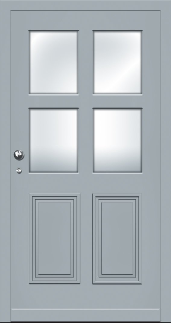 Eine graue Tür mit vier quadratischen Fenstern in der oberen Hälfte und zwei dekorativen Paneelen in der unteren Hälfte, darunter ein Türknauf und ein Klingelknopf.