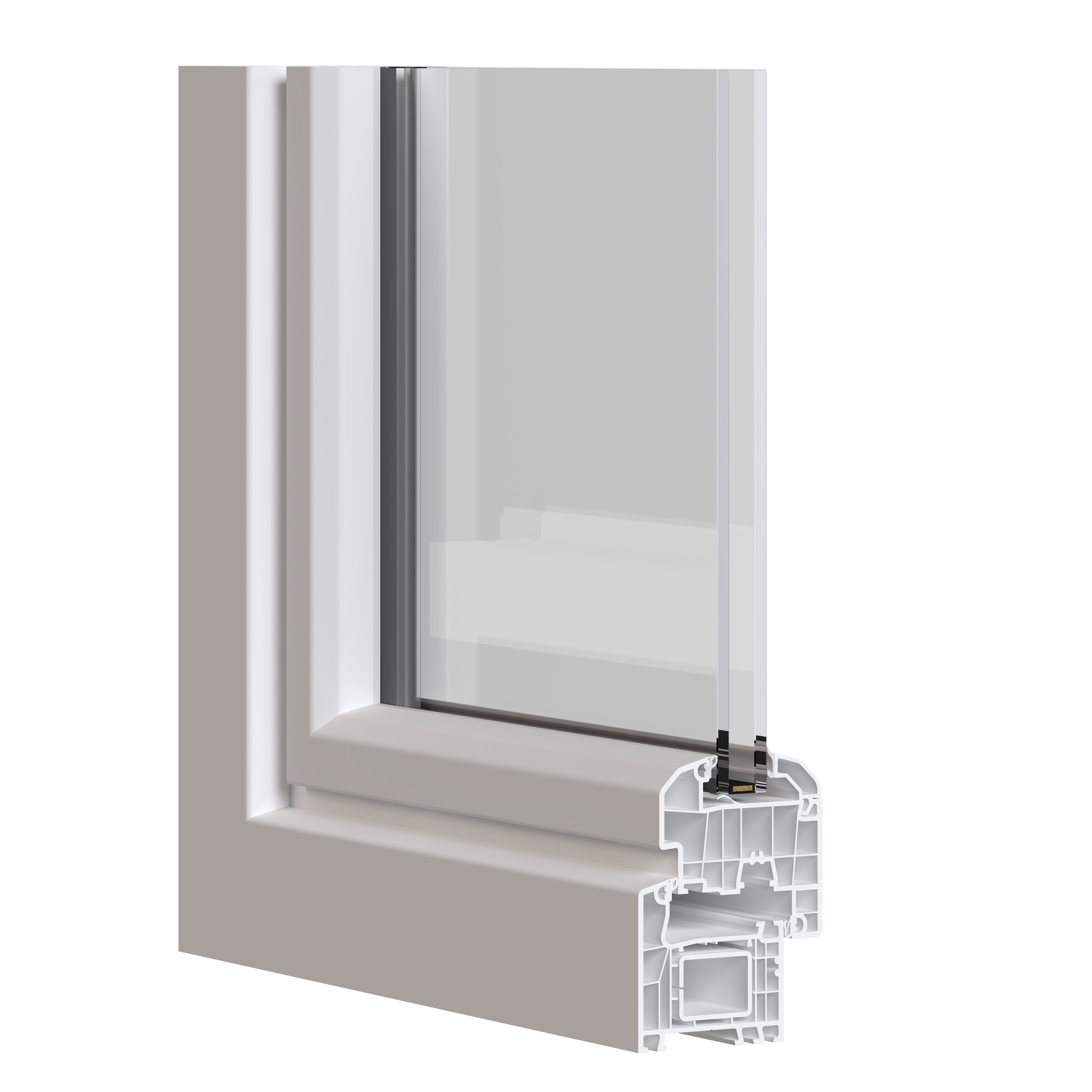 Querschnitt eines modernen Isolierglas-Fensters mit Rahmen, Dichtung und Isolierglas