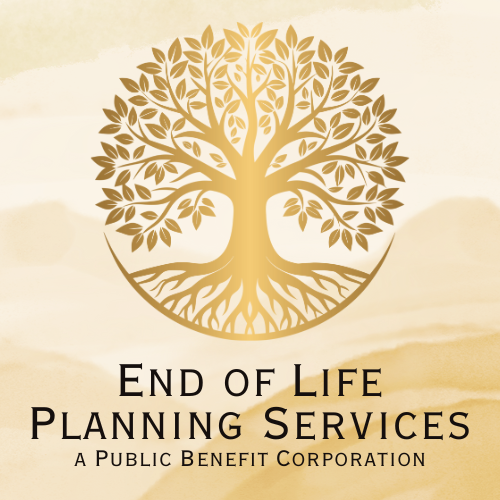 Logo of End of Life Planning Services featuring a golden tree with roots and branches, on a textured beige background.