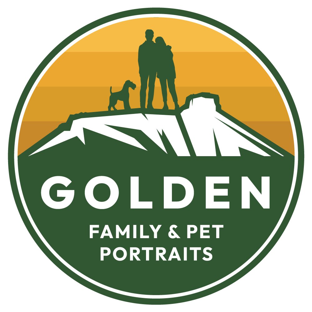 Circular logo with a mountain, a family of two adults and a child, and a dog standing on top, with a sunset background. Text reads 'GOLDEN FAMILY & PET PORTRAITS'.