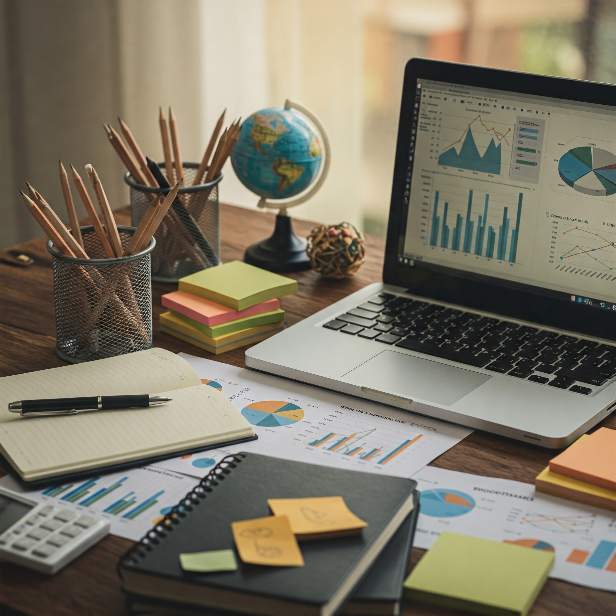 Desk with papers and laptop computer