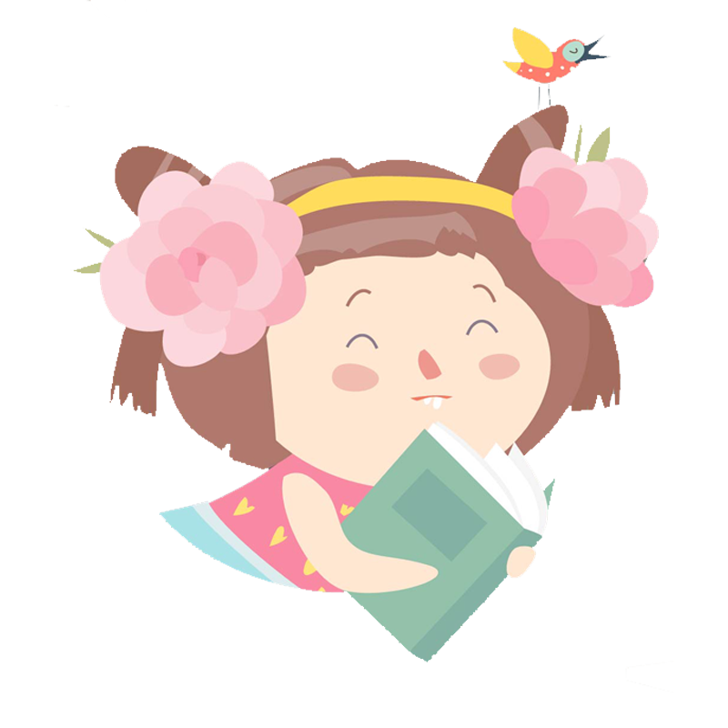 A cartoon girl with flowers in her hair and a yellow headband is reading a book, smiling with eyes closed.