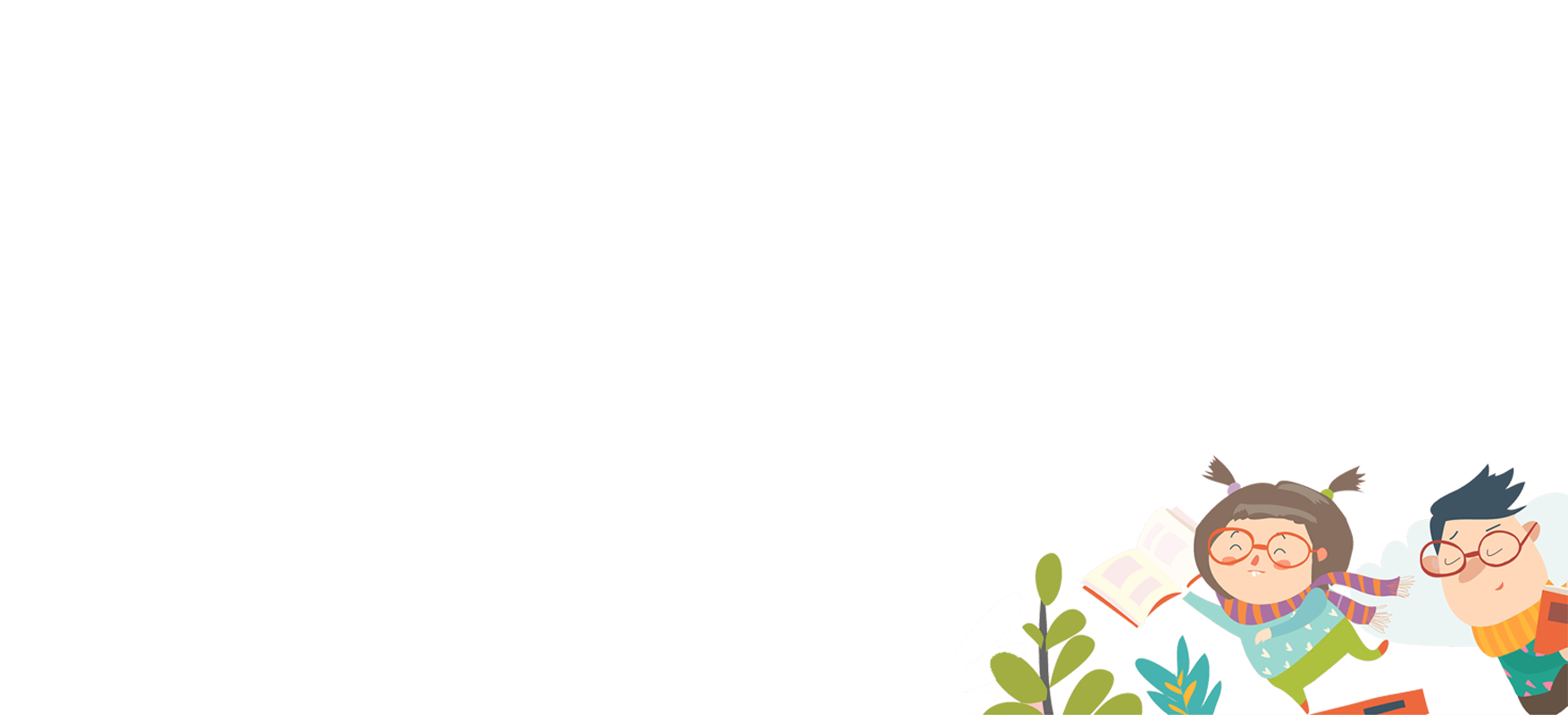 A colorful cartoon of two children with glasses, one girl and one boy, playing outdoors with plants and books nearby.