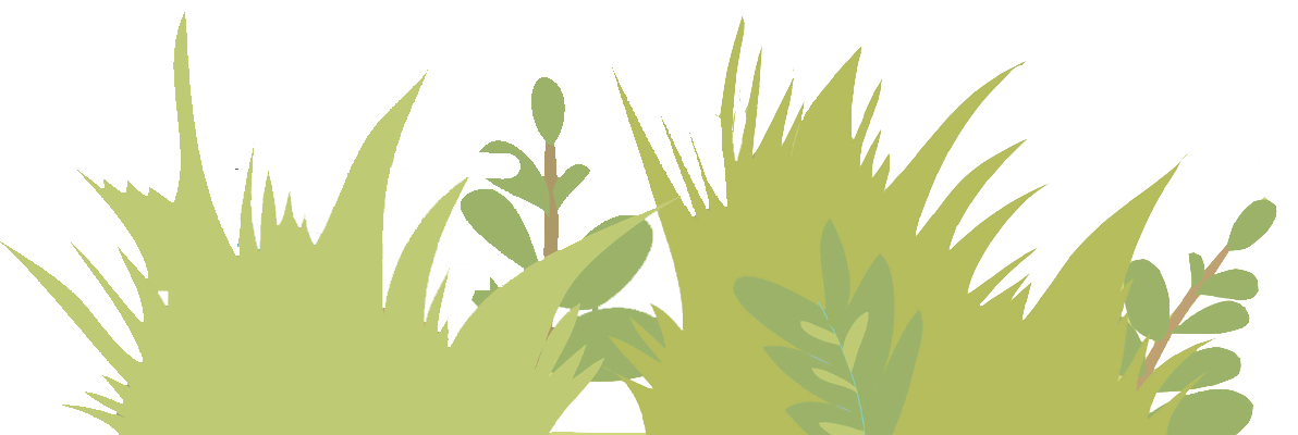 A cartoon garden with green plants and leaves, a watering can, and a lamppost.