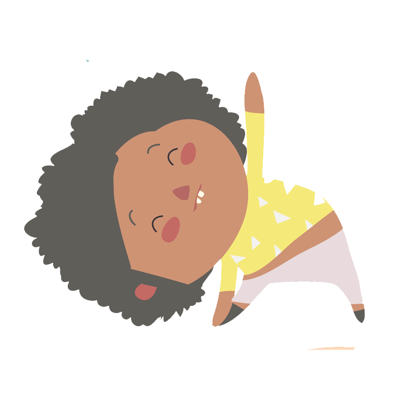 A cartoon of a young girl with curly black hair, closed eyes, and a happy expression, lying on her stomach with one arm raised, wearing a yellow shirt with white triangles and light-colored shorts.