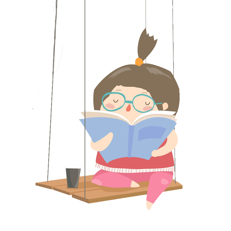 A colourful cartoon of a young girl with glasses and a ponytail reading a book while sitting on a bed.