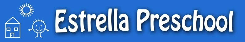 An old Logo for Estrella Preschool with blue background, white text, and illustrations of a sun, smiling face, and a house.