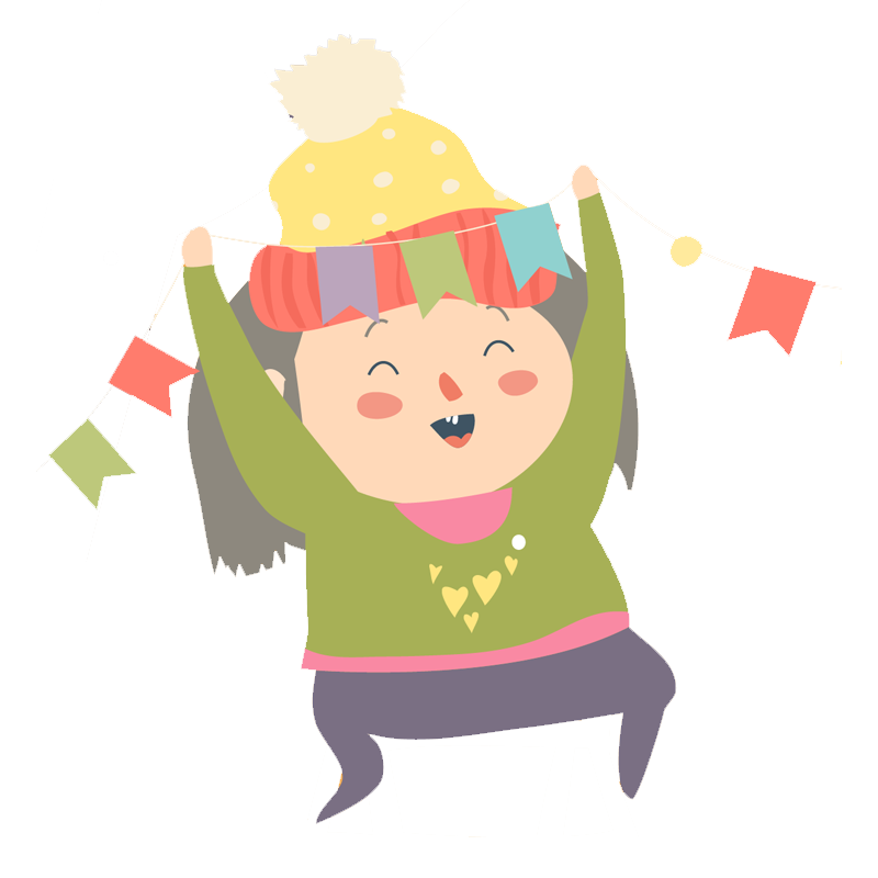 A cartoon girl with long hair, wearing a yellow polka-dot hat, holding festive bunting flags, and smiling happily.