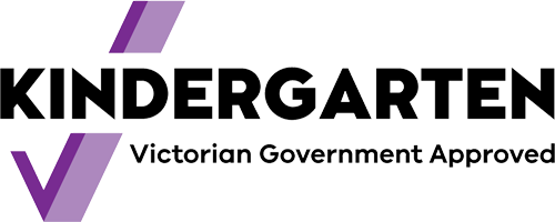 The official Victorian Government Approved Kindergarten logo - displayed as the word 'KINDERGARTEN' in large letters, with a purple checkmark and the phrase 'Victorian Government Approved' underneath.