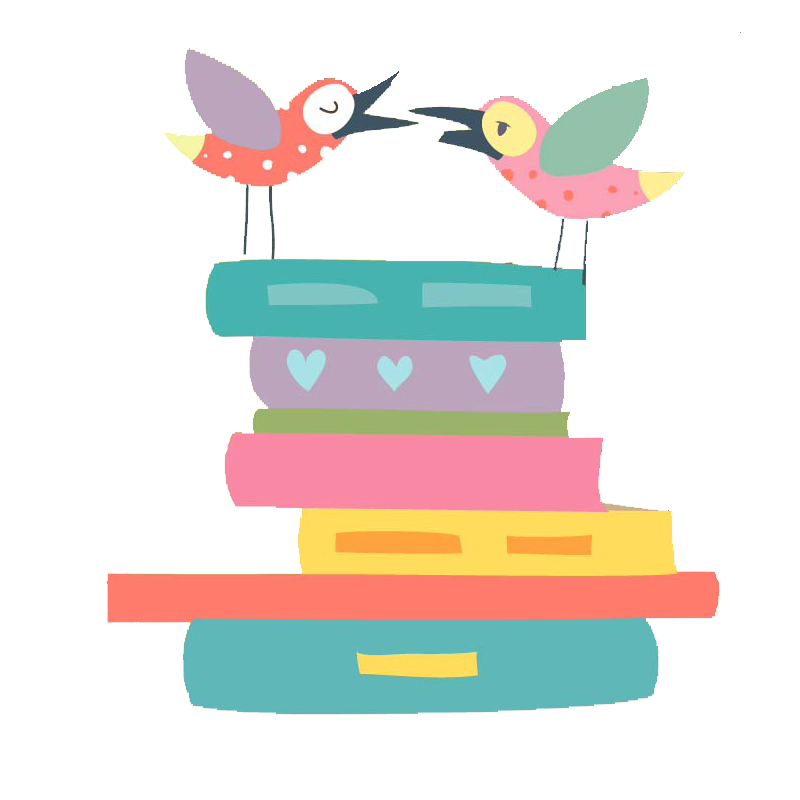 Two colorful cartoon birds with pink and purple bodies depicted on top of a pile of books with pastel-colored covers and purple hearts, against a pink background.