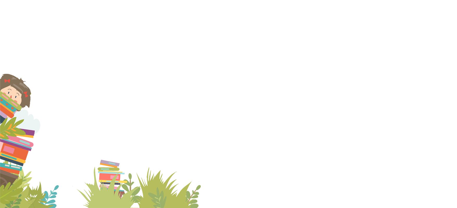 Colorful illustration of a school scene with a bookworm character on the left, stacks of books, green leafy plants, a pond, and a purple purple background.