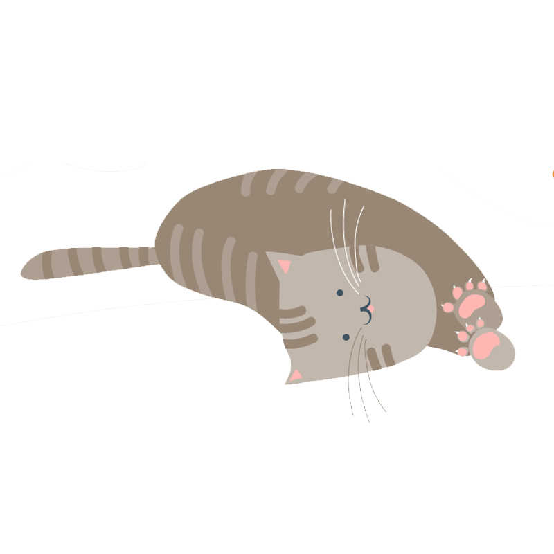 A cute cartoon gray tabby cat lying on its back, with pink paw pads and a smiling face.