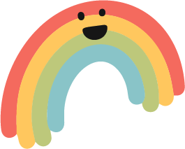 A colorful cartoon rainbow with a smiling face and black eyes.