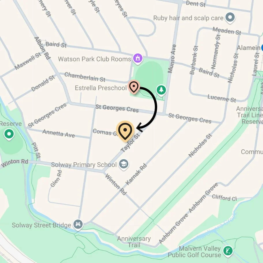 Map showing a route from Solway Primary School to a destination on Taylor Street, passing through local streets and near Watson Park in a suburban area of Ashburton - showing the temporary location of Estrella for 2026
