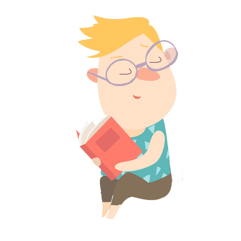 Cartoon illustration of a boy with blonde hair and glasses, sitting and reading a red book with a contented expression.