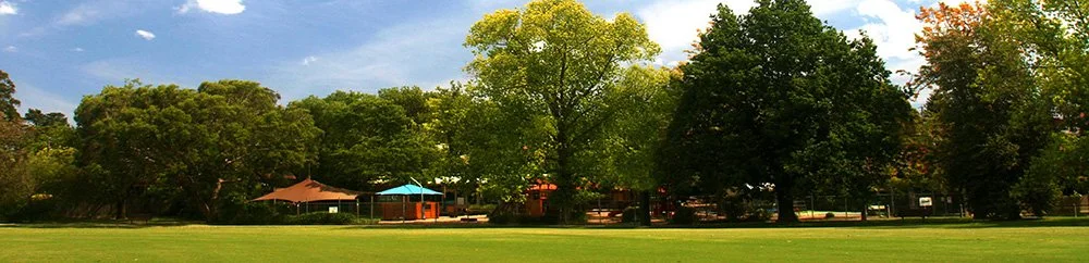 A wide view of Watsons Park and Estrella with green grass, several trees, and a few colorful canopies and picnic tables in the background.