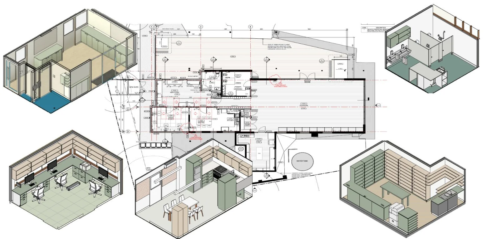Detailed architectural floor plan with three-dimensional renderings of interior spaces and a central blueprint layout.