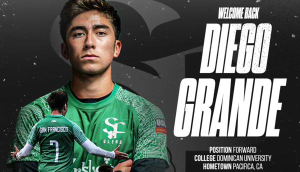 A digital graphic celebrating soccer player Diego Grande, featuring a large portrait of him in a green soccer jersey, with a smaller image of him in a soccer pose in front, and text announcing his return and college details.