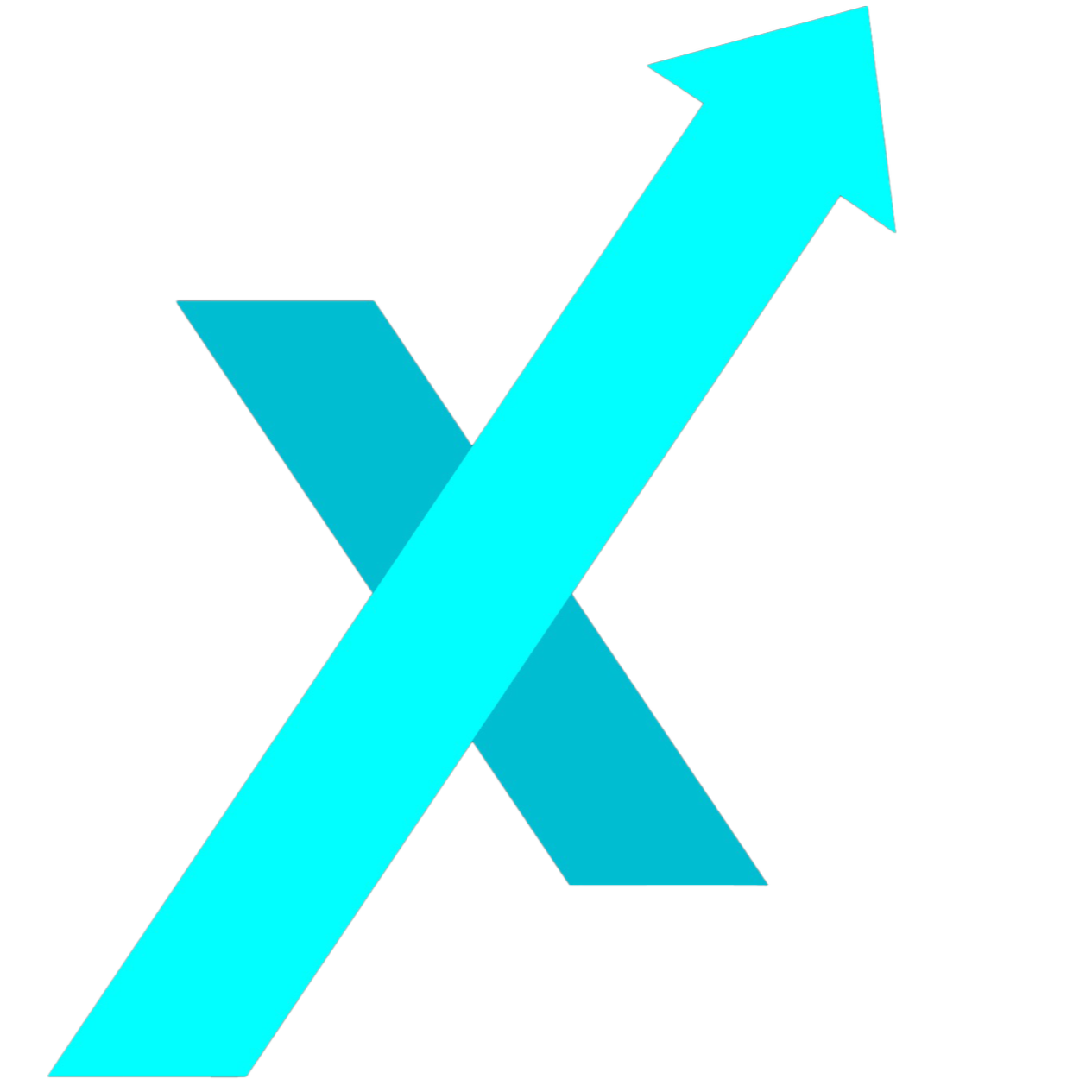 A graphic with a large, blue arrow pointing upward overlaying a stylized letter 'X' in blue and black colors.