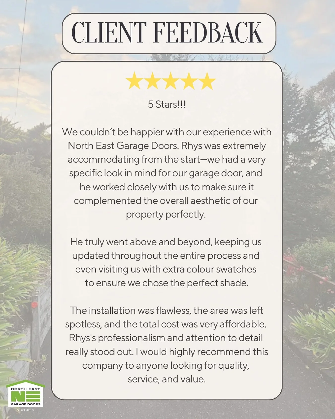 ⭐️ 5 Stars! ⭐️ 

Receiving this review during the week was truly rewarding as it perfectly reflects what I strive for every day: personalised service, top-quality workmanship, and fair pricing. 

At North East Garage Doors, we know that every home ha