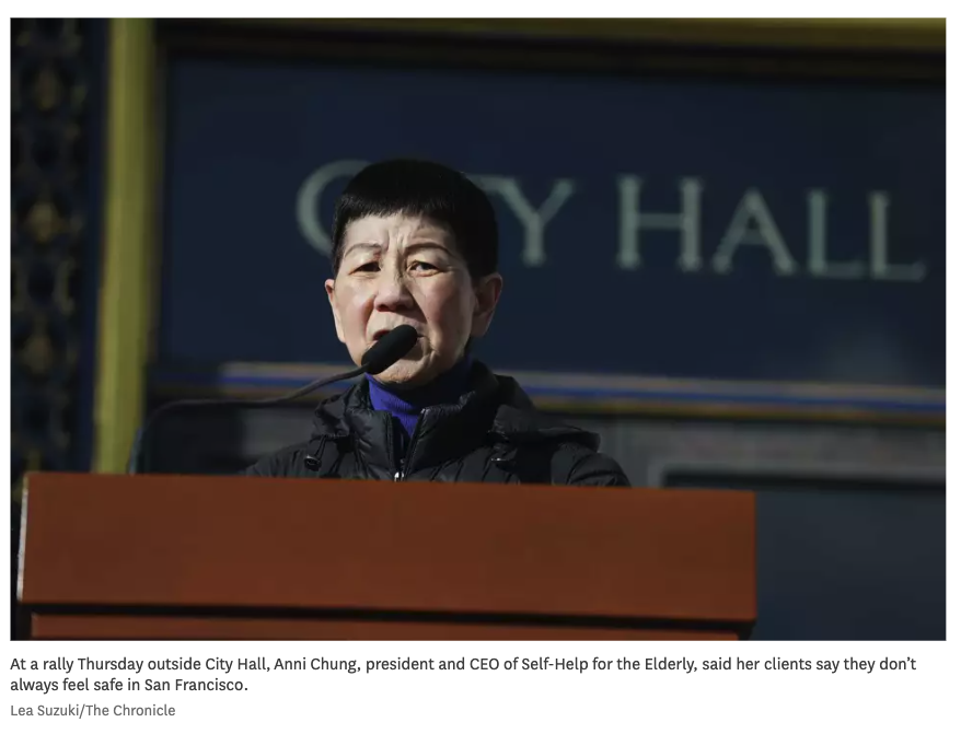 At a rally Thursday outside City Hall, Anni Chung, president and CEO of Self-Help for the Elderly, said her clients say they don't always feel safe in San Francisco.