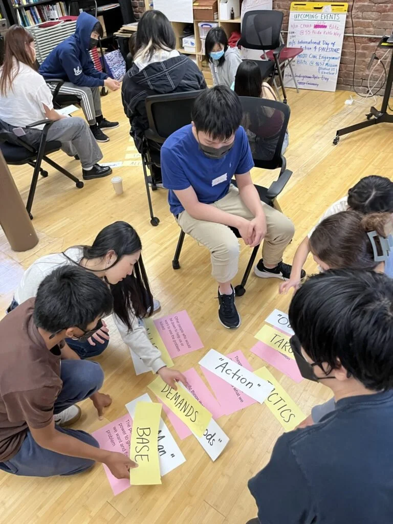 Calvin sits on a chair, surrounded by 5 other Youth MOJO members. They are arranging papers to define words such as "action," "demands," and "base."