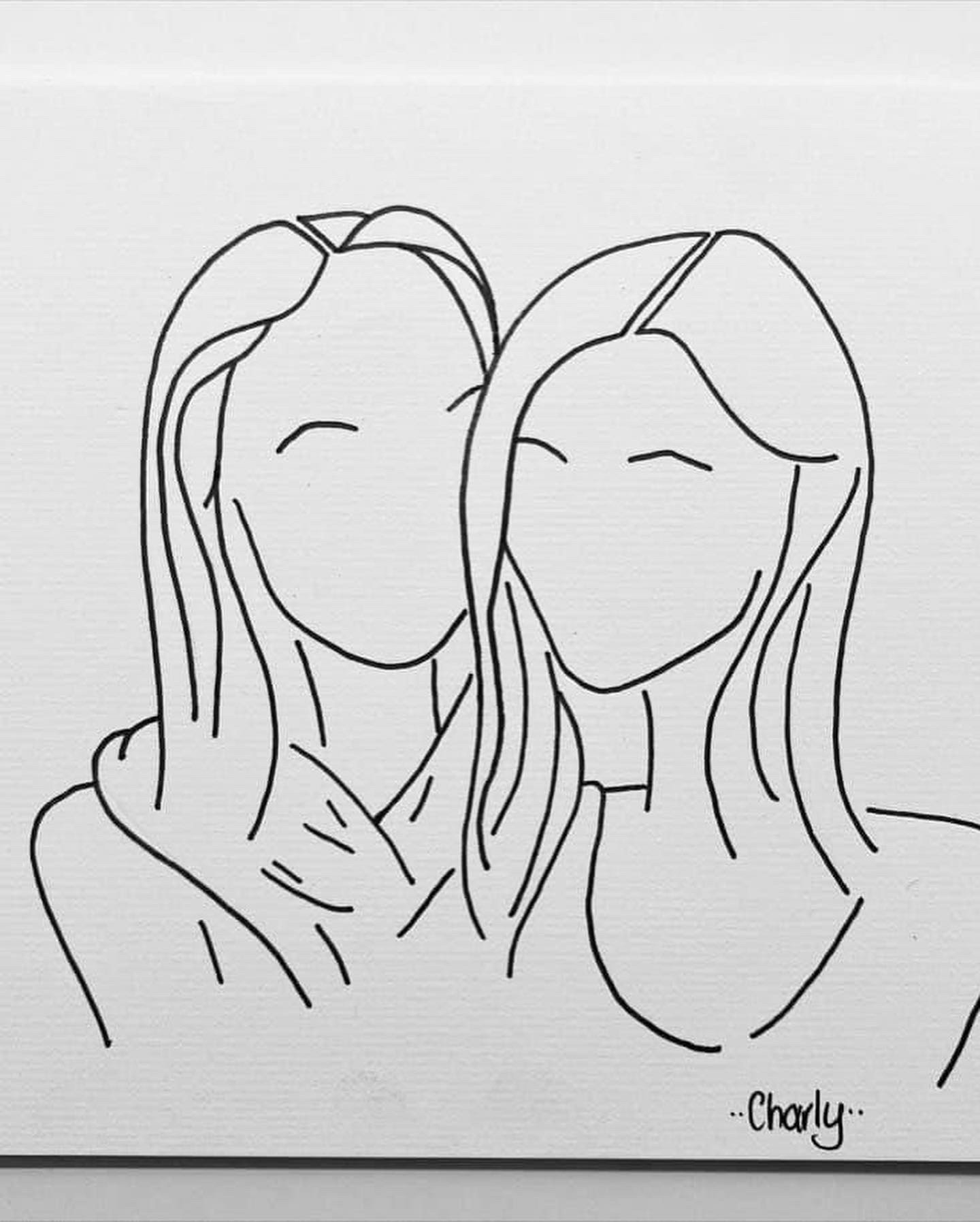 Minimalist line drawing of two faceless people, focusing on hair and shoulders.