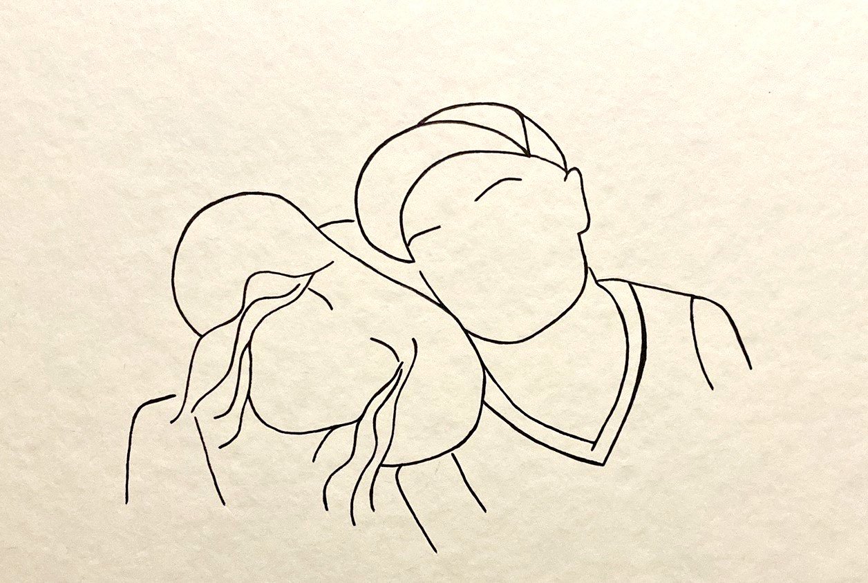 Minimalist line drawing of two people wearing hats, with one person resting their head on the other's shoulder.