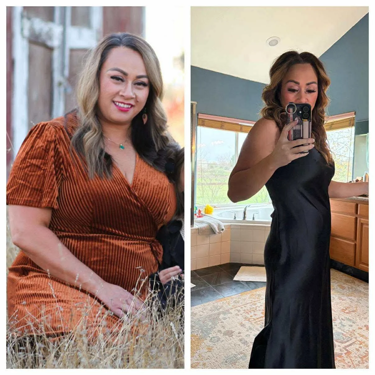Side-by-side comparison of a woman. In the left image, she is outdoors in a field, wearing an orange and brown striped dress, with long wavy blonde hair, smiling. In the right image, she is indoors in a kitchen or bathroom, wearing a black satin dress, with her hair down, taking a mirror selfie.
