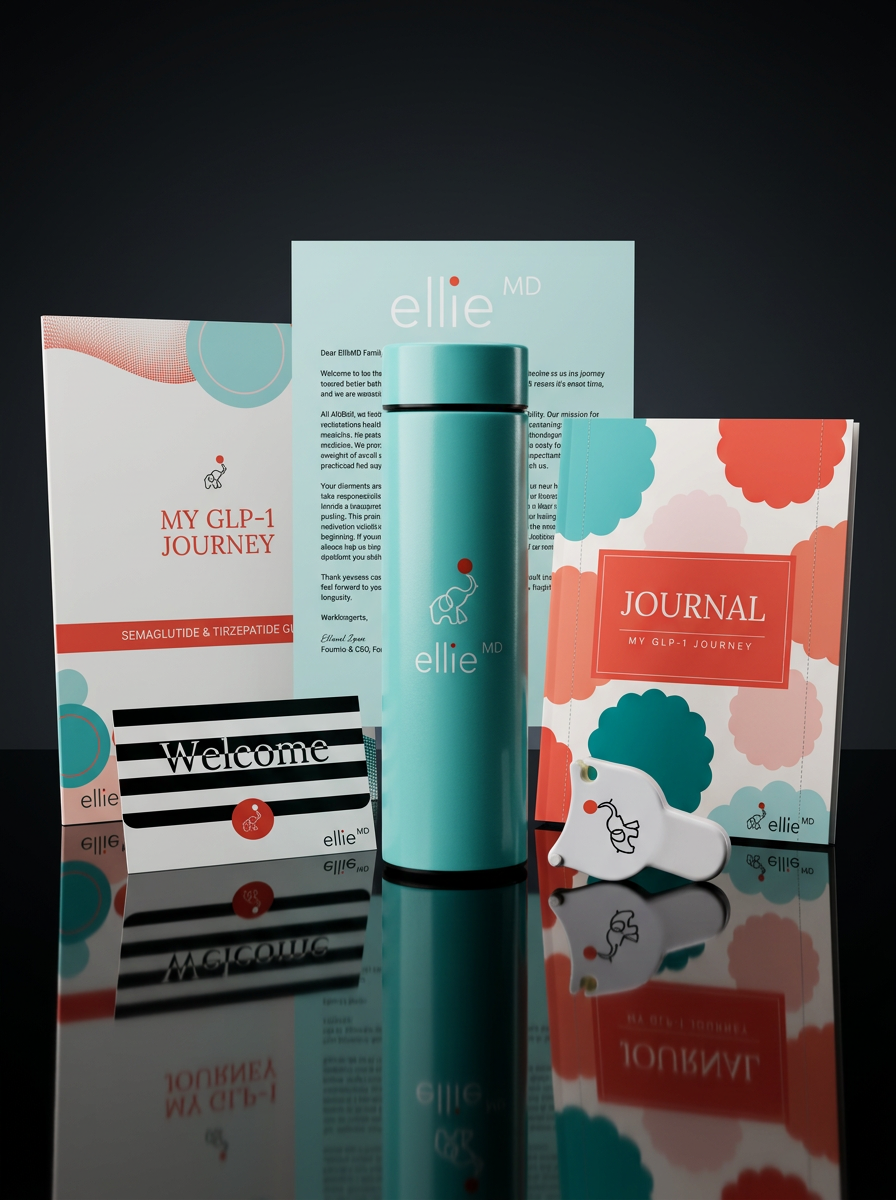 Collection of medical and branding materials for Ellie MD, including a teal water bottle, patient journal, welcome card, and information sheets, all displayed against a dark background with reflections.