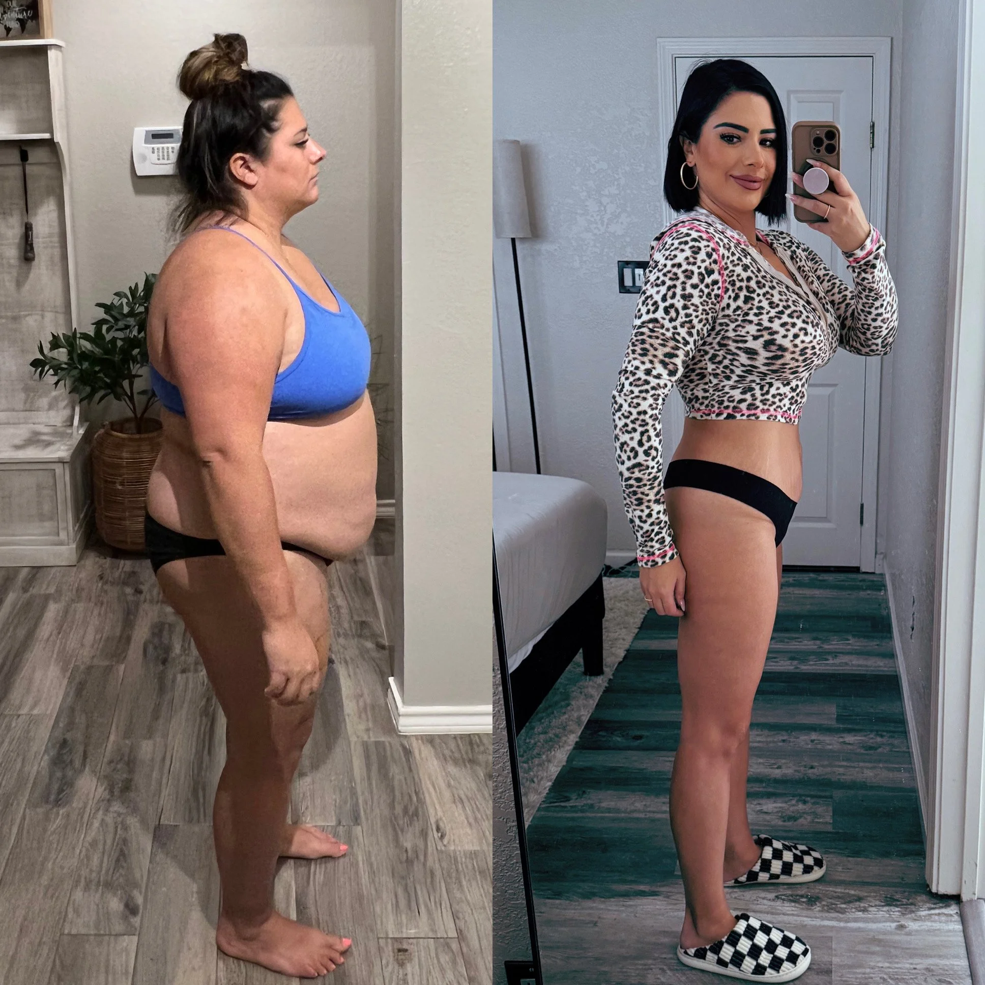Side-by-side comparison of a woman before and after weight loss. The woman is standing in her home, with the before image showing her in a blue sports bra, and the after image showing her in a leopard print zip-up top, black shorts, and checked slip-on shoes, taking a mirror selfie with a smartphone.