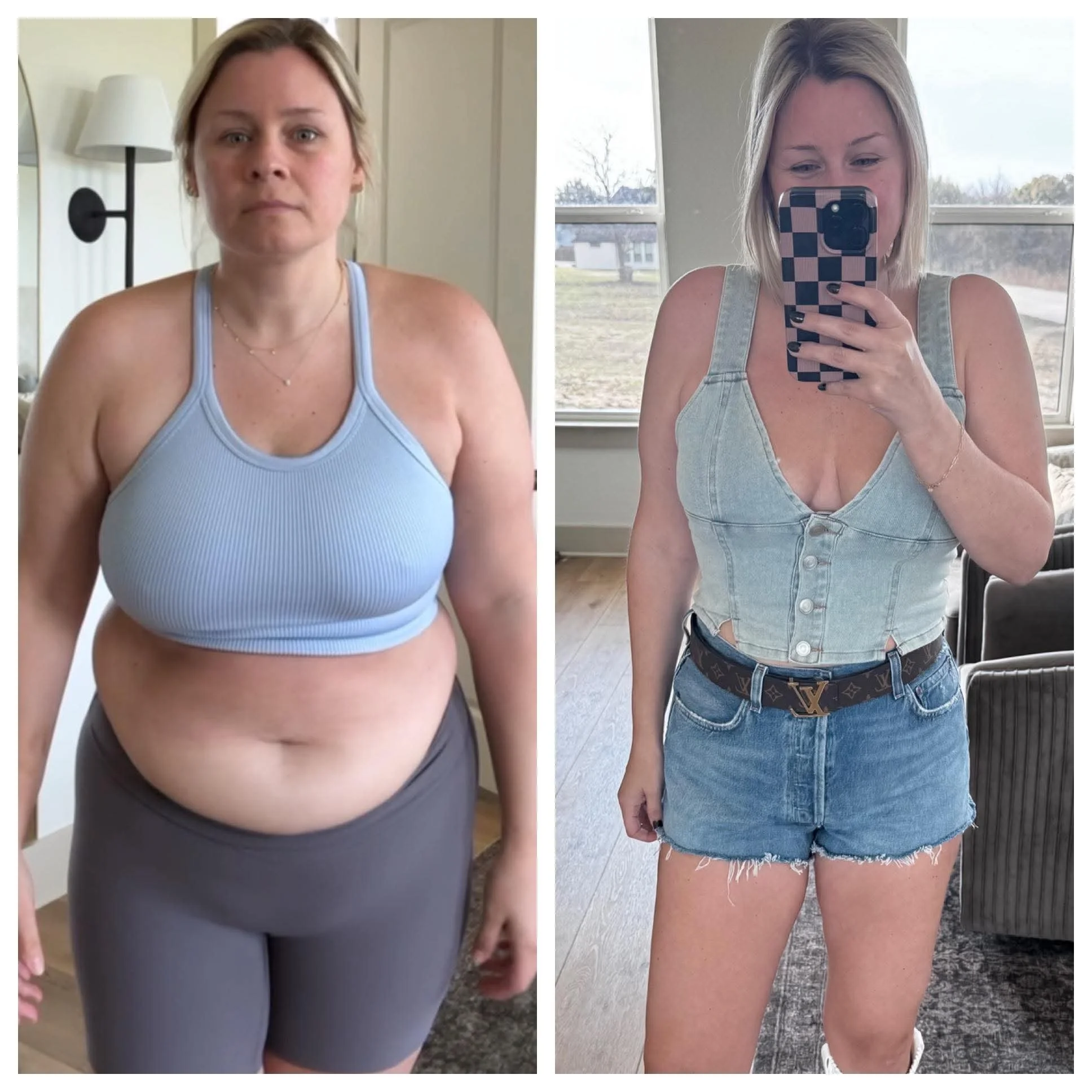 Before and after weight loss side-by-side photos of a woman. In the first image, she has a fuller figure, wearing a light blue tank top and dark pants, standing in a room with a mirror and lamp. In the second image, she has a slimmer figure, wearing a light denim vest and shorts, taking a mirror selfie in bright natural light with a window behind her.