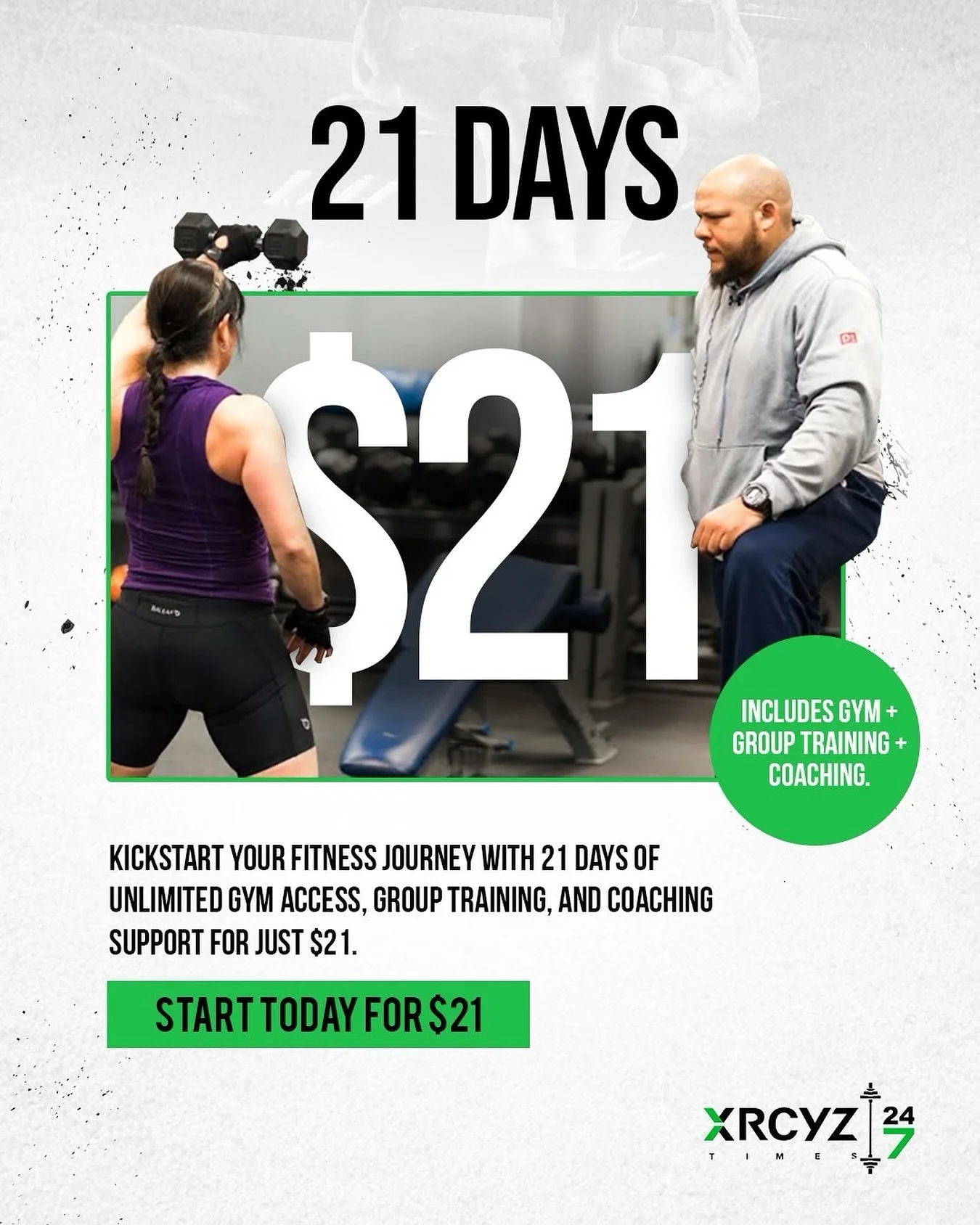 Ready to jump back into fitness? 💪
For just $21, you&rsquo;ll get 21 days of unlimited gym access, group training, and coaching support &mdash; everything you need to kickstart your fitness journey.

Whether you&rsquo;re starting fresh or getting ba