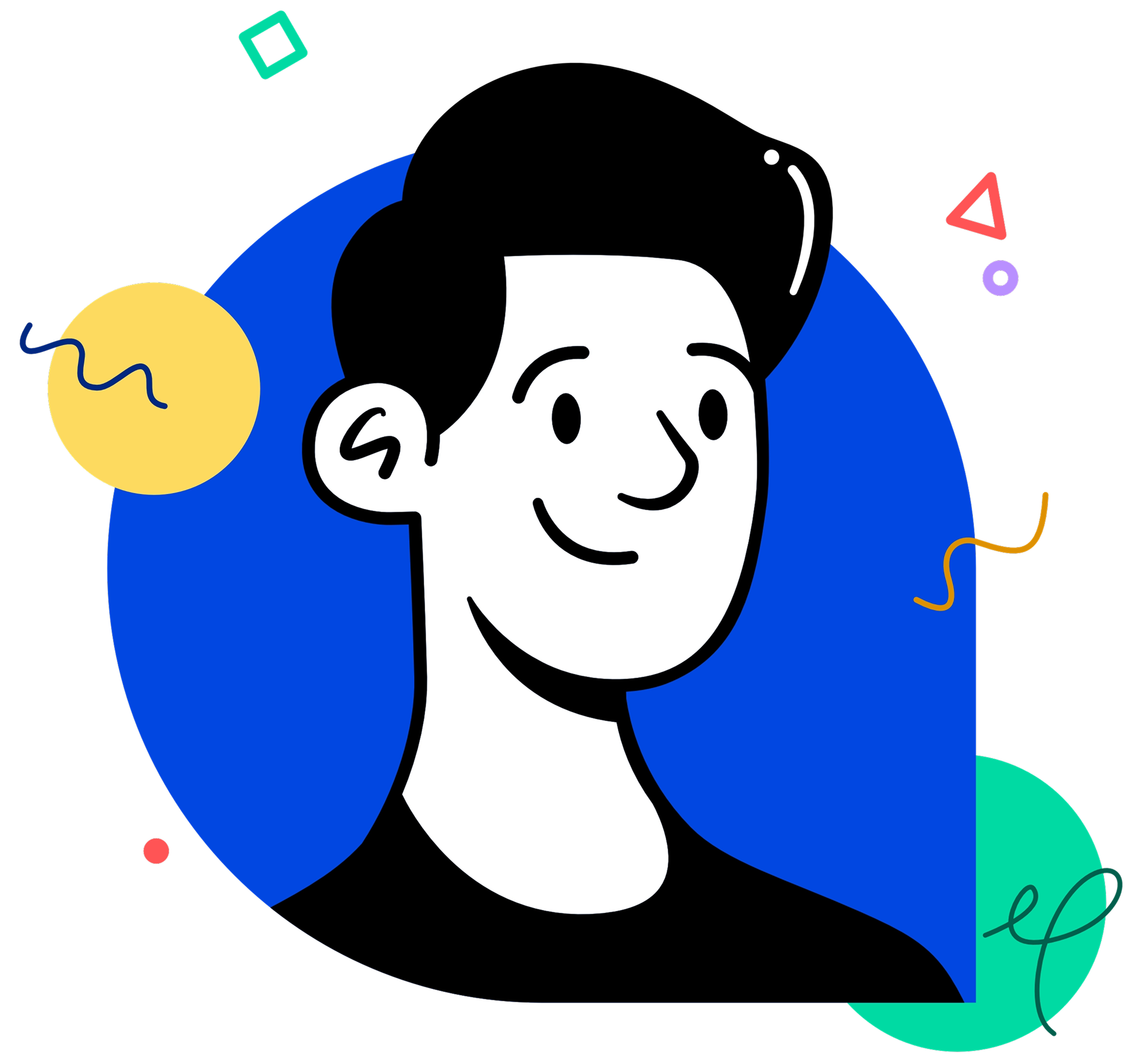 A cartoon illustration of a person with a smiling face, holding a yellow balloon, and surrounded by colorful geometric shapes and decorations.