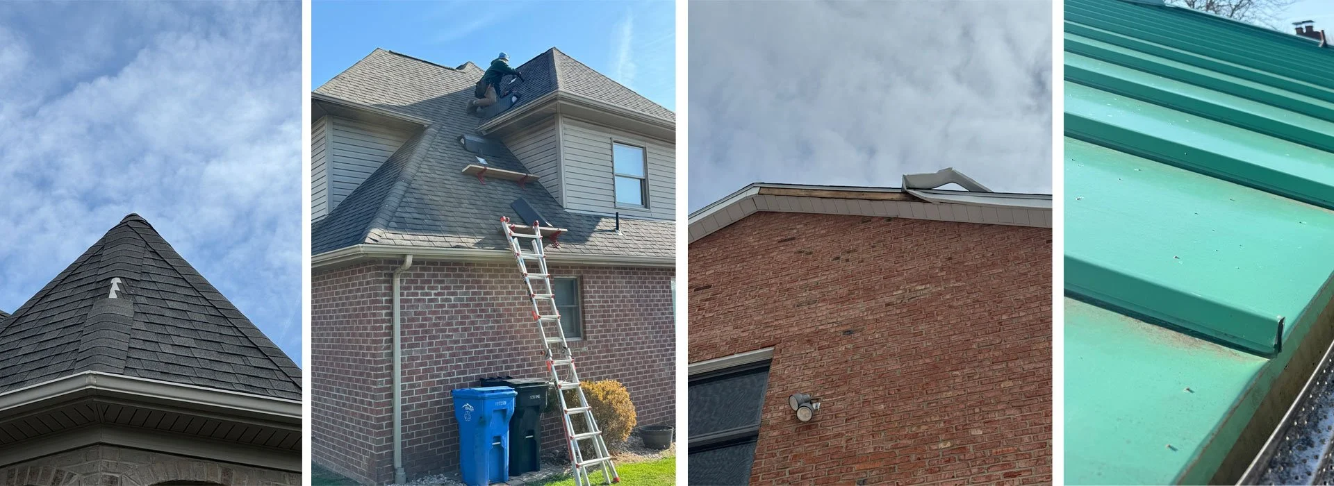 Collage of four images showing different roof sections, a worker repairing a roof on a two-story house, a close-up of brick walls with a small roof overhang, and a close-up of green metal roofing.