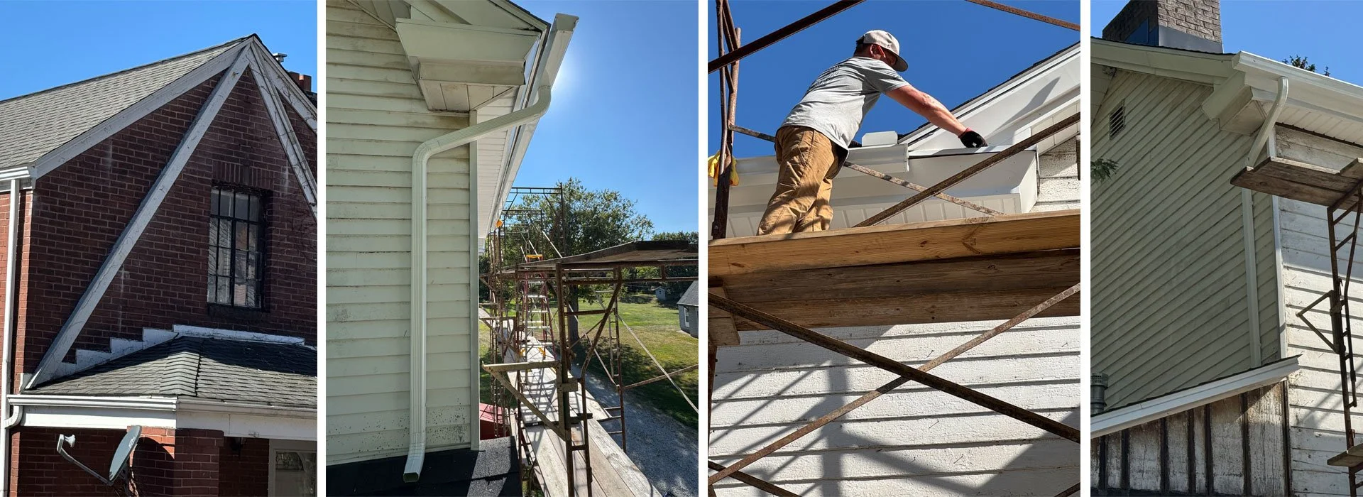 Sequence of images showing house exterior renovations. The first image displays a brick house with a newly painted roof gutter system. The second image features a close-up of a house's siding and a completed gutter installation. The third image captures a worker on scaffolding installing or inspecting a roof gutter. The fourth image shows another section of house siding being painted or maintained, with scaffolding present.