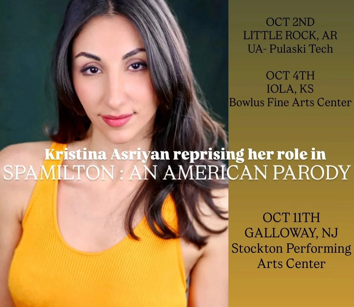 Guess who&rsquo;s going back on the road!! Back to the room where it happens&hellip;kinda lol My journey with this show has been the most unexpected fun ride and I&rsquo;m so excited to get to do it again. COME JOIN US! ⭐️❤️

#spamilton #spamiltonana