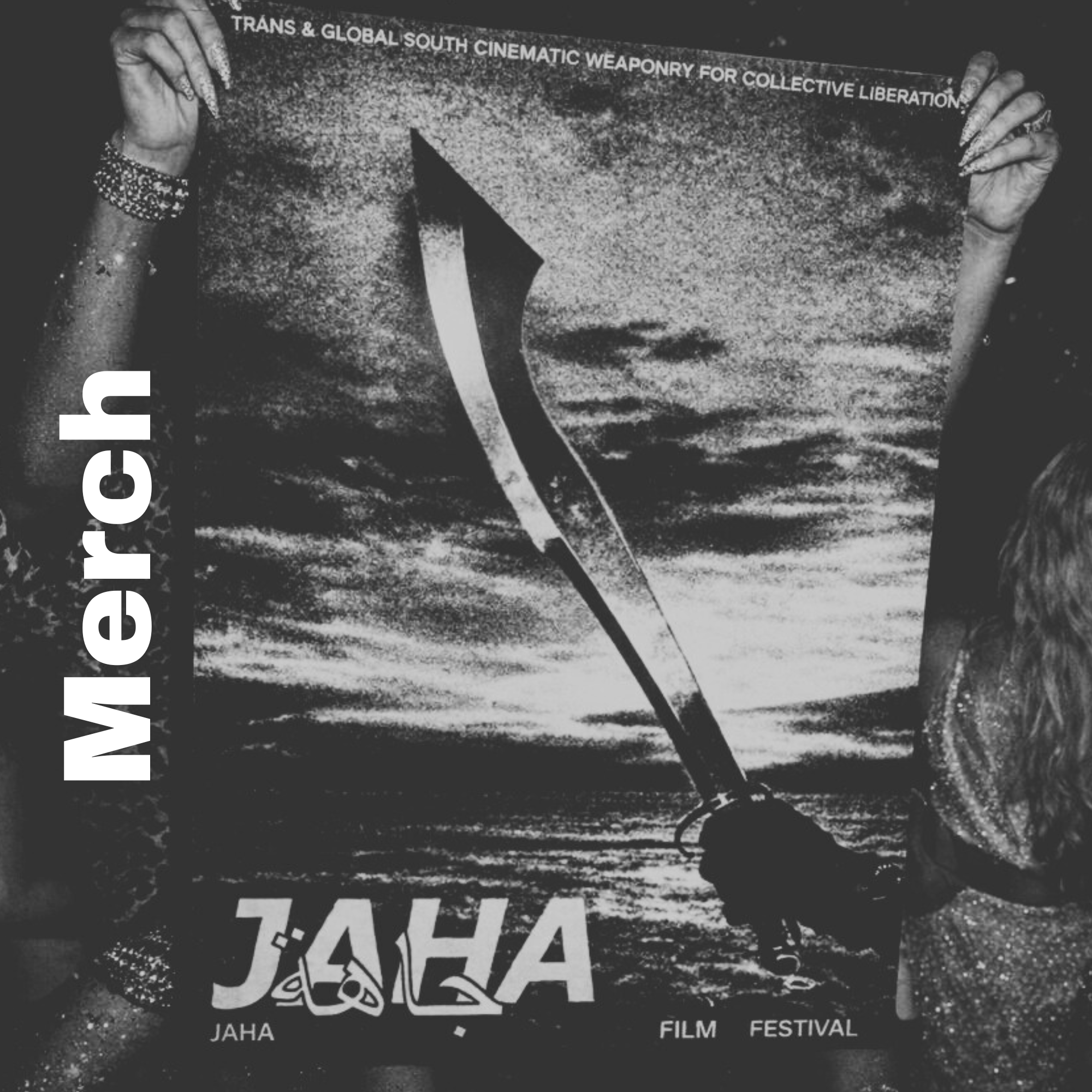 Black and white photo of a poster for the JAHA Film Festival featuring an ocean scene with a boat and a person holding a pole, with the word 'Wereh' vertically on the left side.