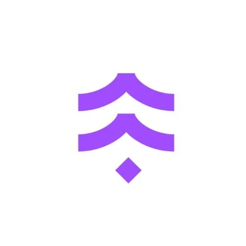 A stylized purple geometric icon resembling a downward arrow or chevron with a diamond shape below it on a white background.