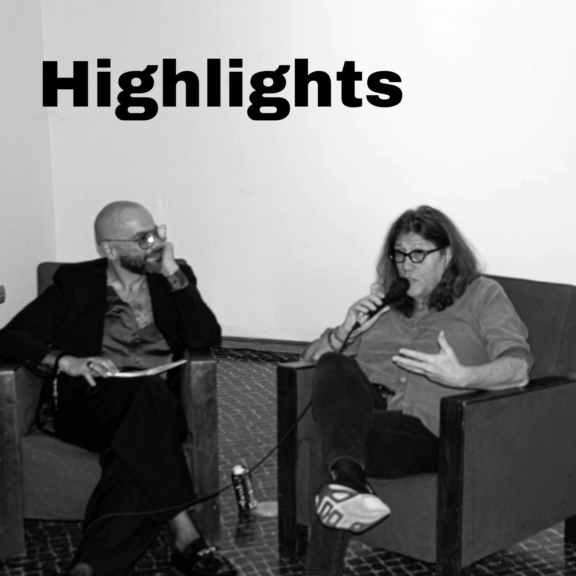 Two people sitting and talking in a room, one holding a microphone, with the word 'Highlights' in large bold letters at the top.