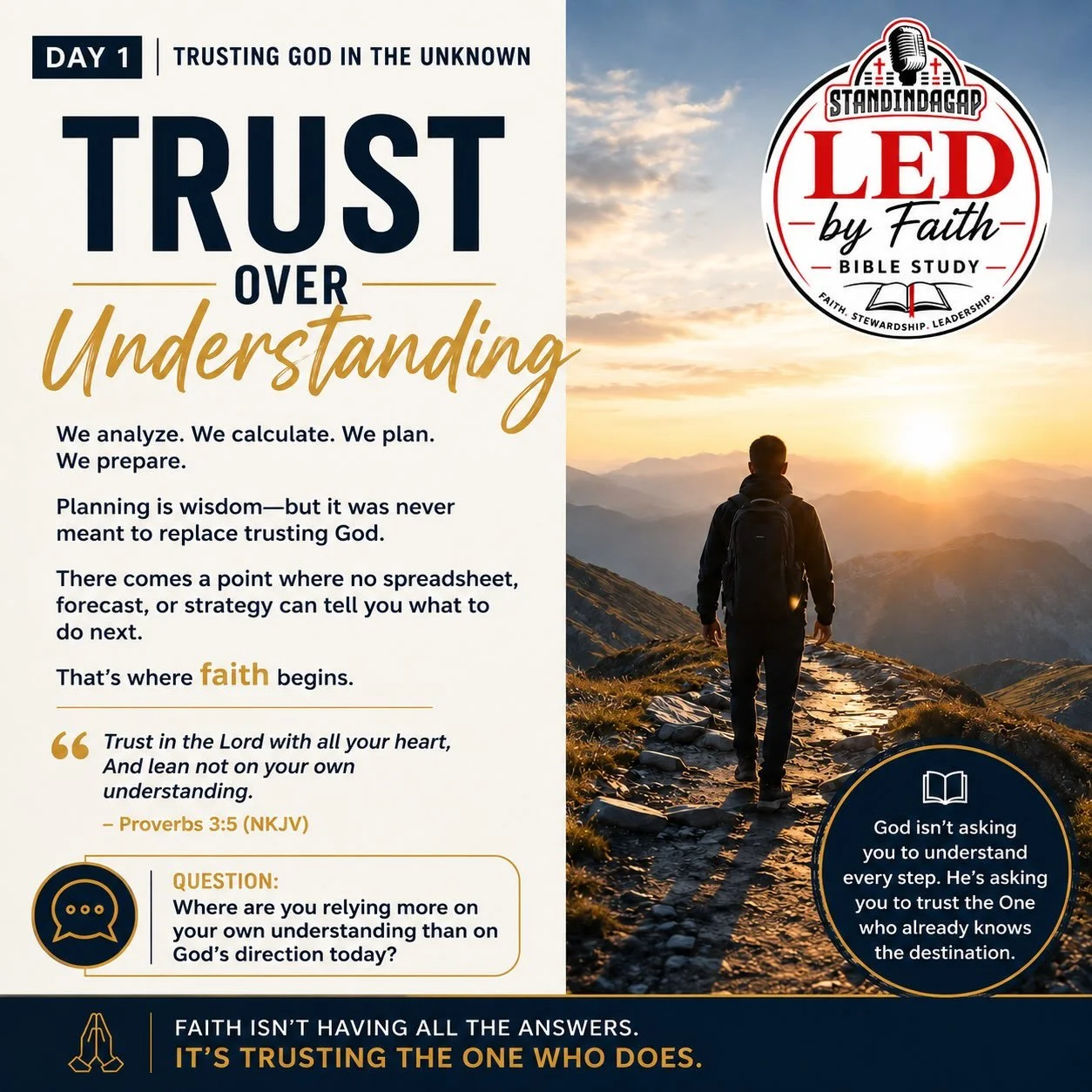 DAY 1 | Trust Over Understanding

We spend so much time trying to figure everything out.

We analyze.
We calculate.
We plan.
We prepare.

Planning is wisdom, but it was never meant to replace trusting God.

There comes a point where no spreadsheet, f