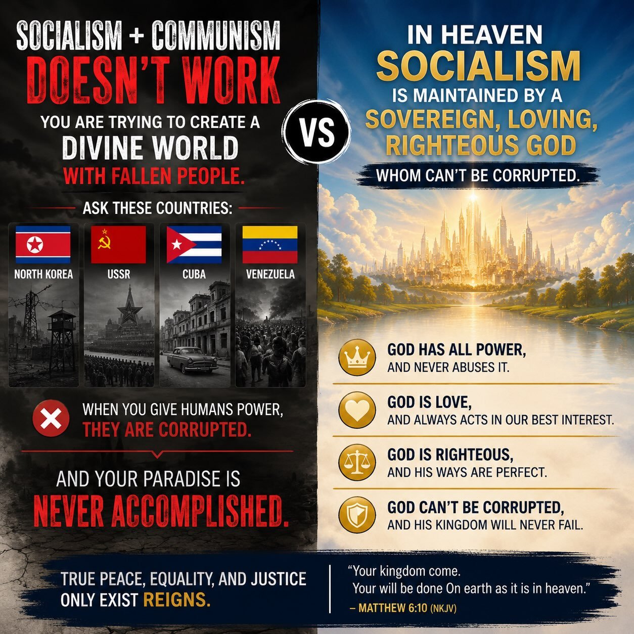 Socialism and communism attempt to create a perfect society through imperfect people.

But fallen humanity cannot be trusted with unlimited power. History has shown us what happens when governments promise equality, control every resource, silence op