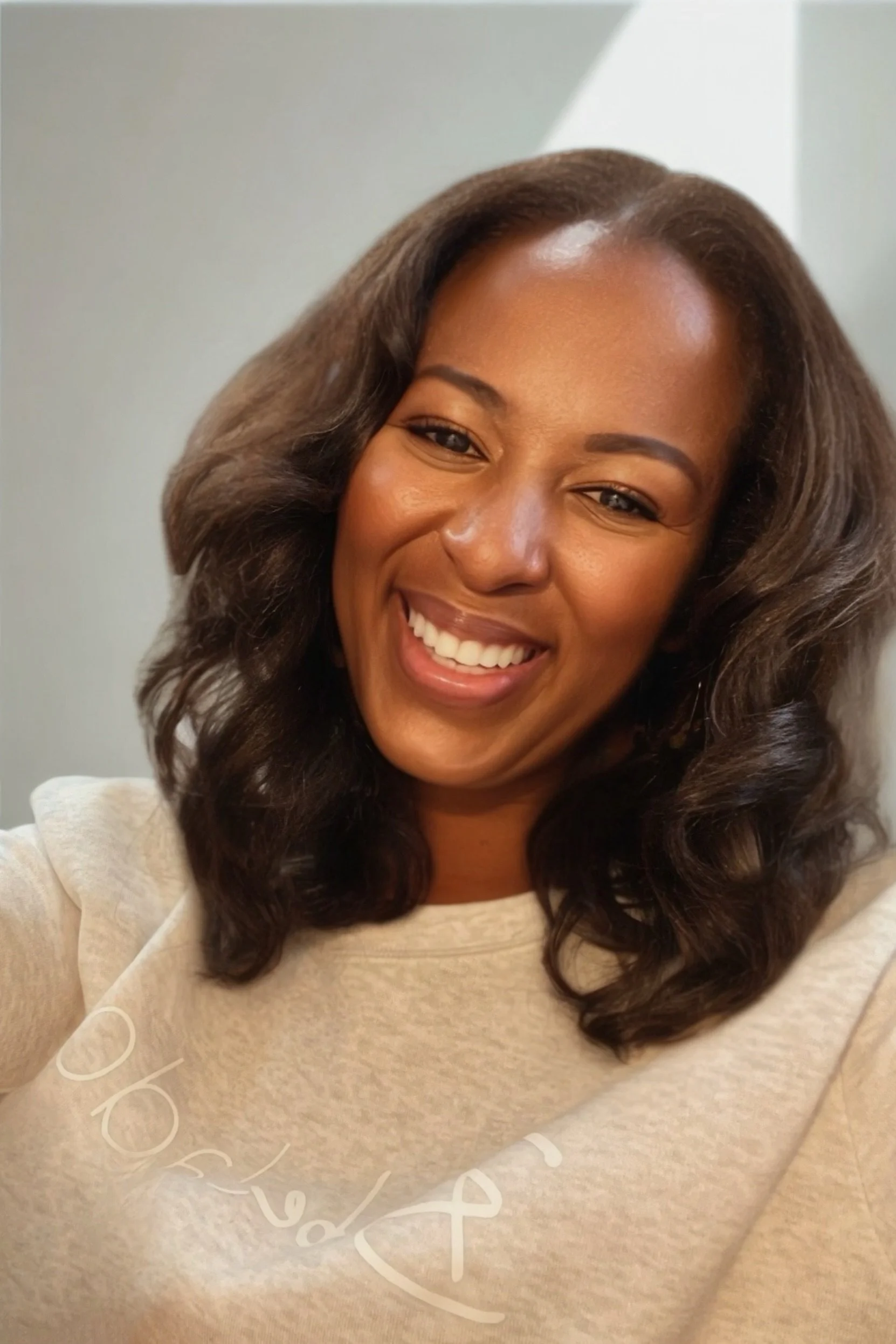 A smiling woman with dark wavy hair taking a selfie indoors.