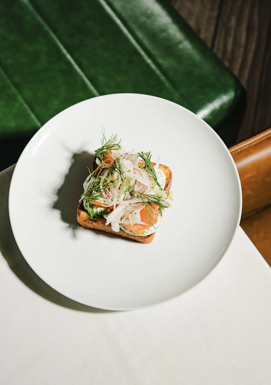 An open-faced sandwich topped with smoked salmon, thinly sliced onions, fresh dill, and other herbs on a slice of toasted bread, served on a white plate.