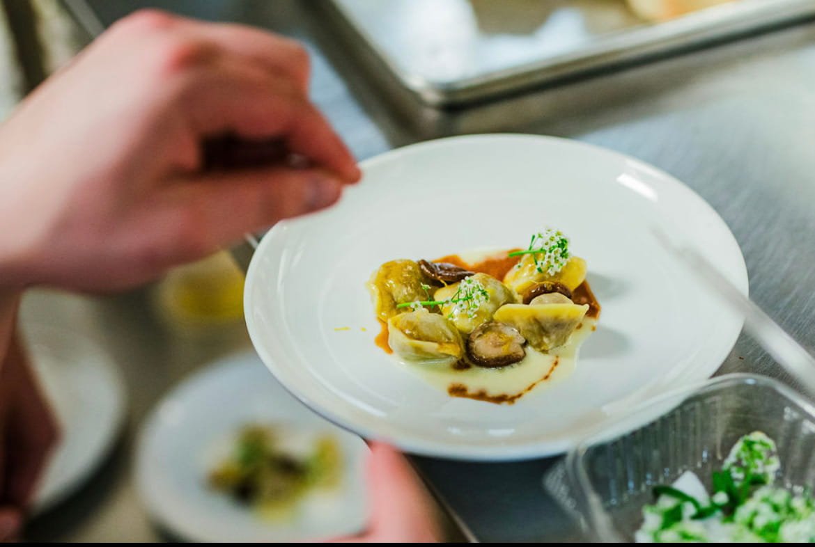 Person holding a white plate with assorted ravioli pasta garnished with green herbs, placed on a stainless steel counter.