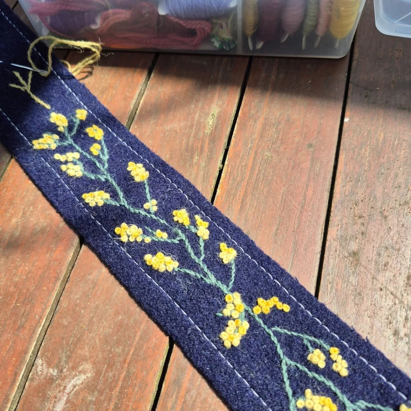 A week in Woodend with son, daughter in law and two grandsons for their school holidays- and today, Saturday- finding some time to embroider native Australian flora on another belt. Have you been on my website yet? Auroradawn.com
