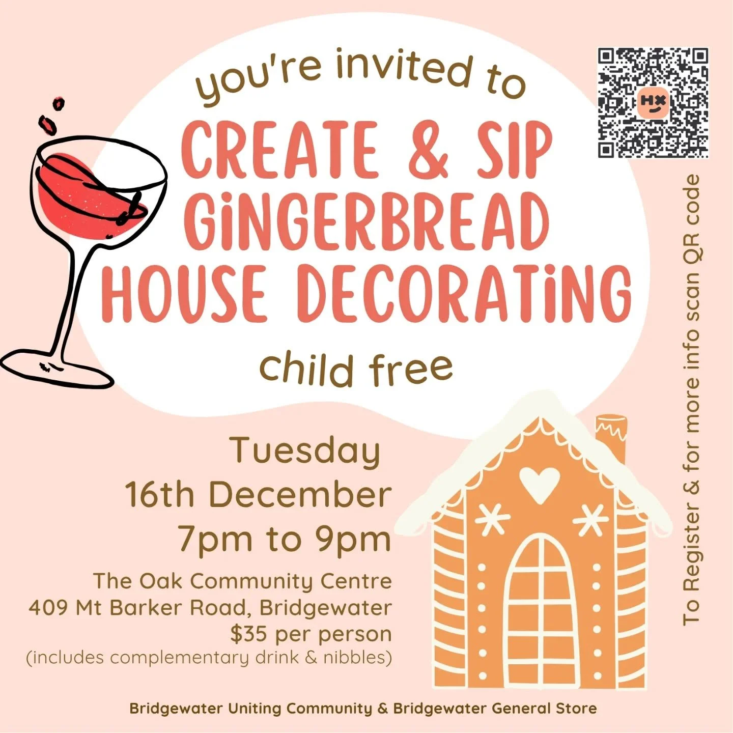 You'll love this! Just you and a friend, a wine and a gingerbread house. Book now - it's a child free event.