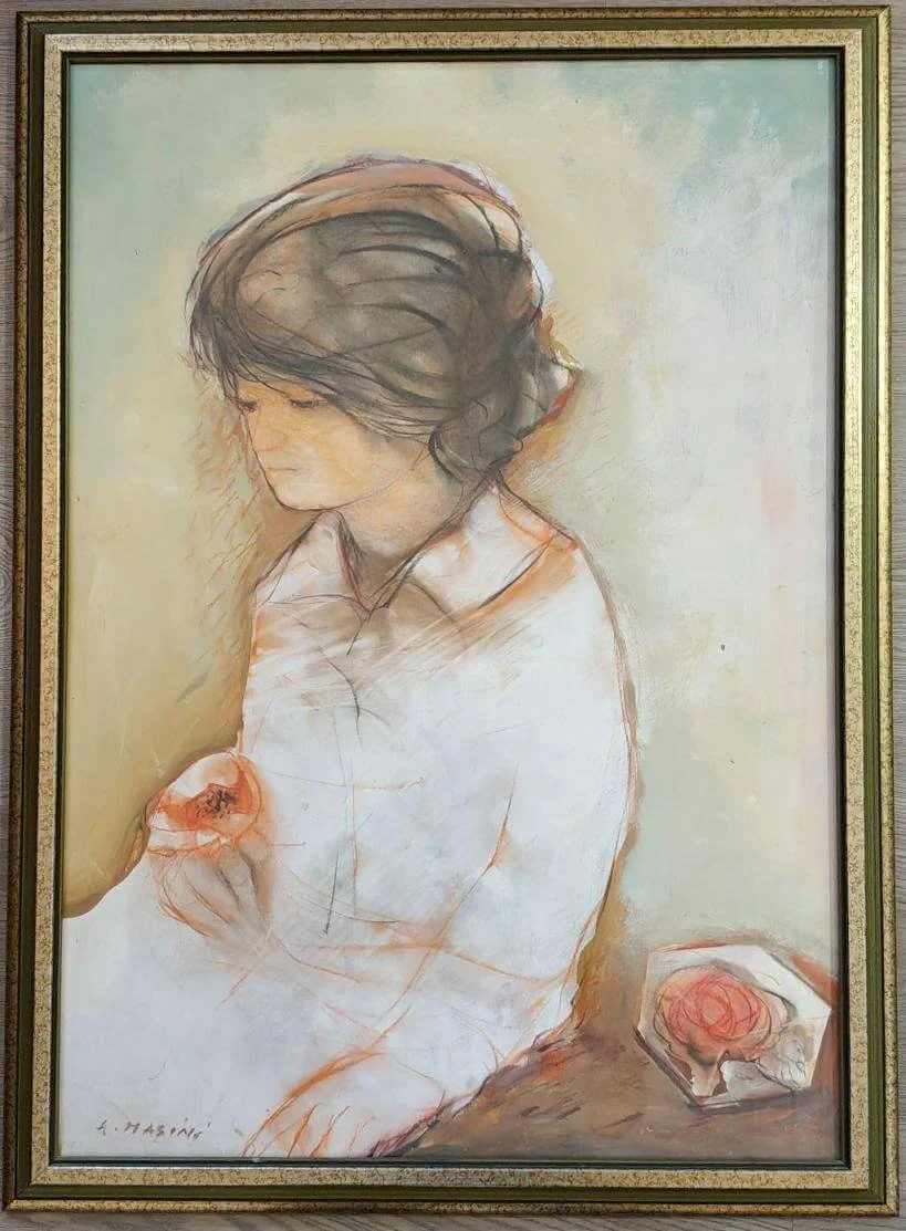 Antonio Masini Painting of Woman with dark hair holding a flower