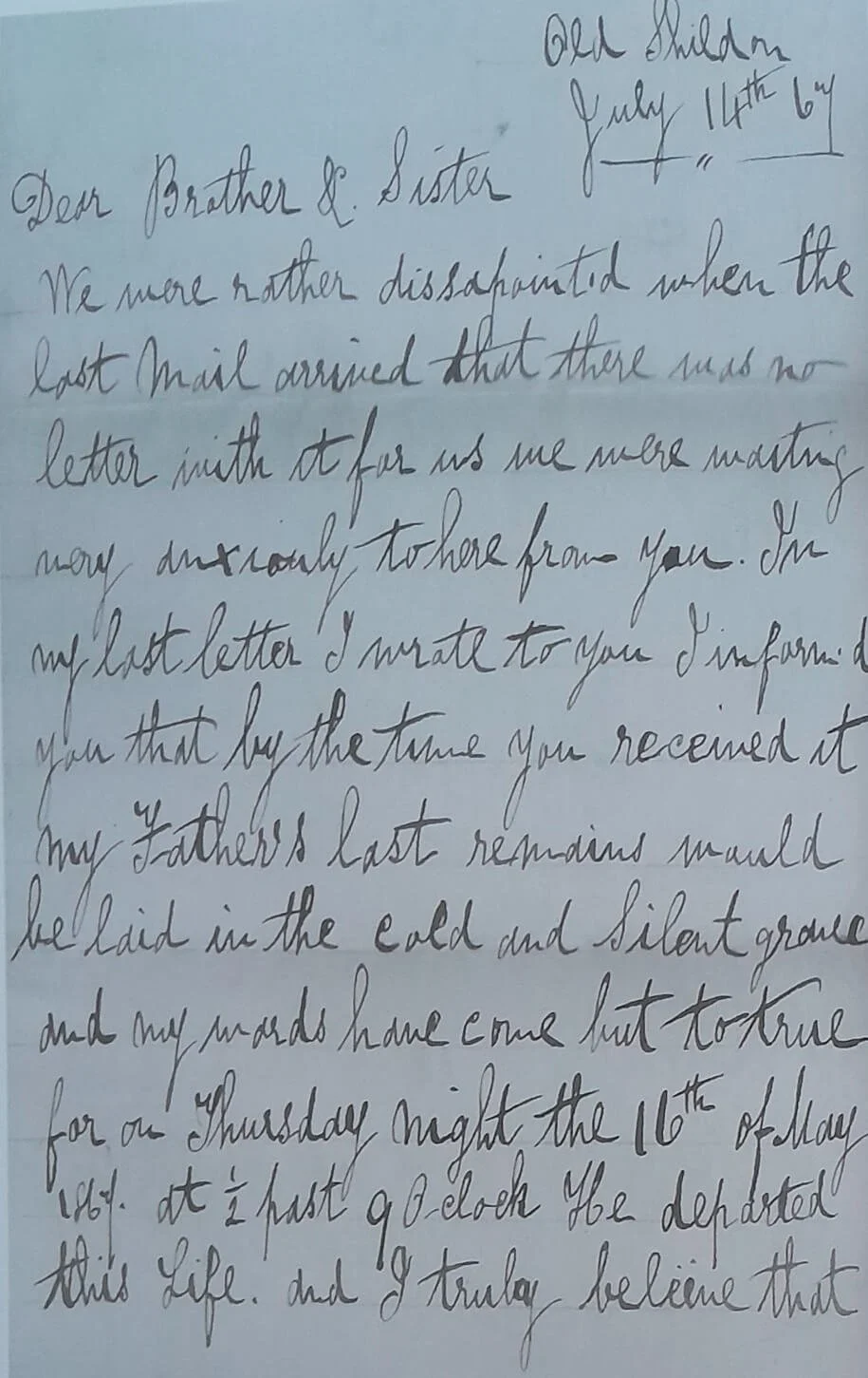  This is the first page of a letter to Thomas and Frances from Frances' from two of Frances' siblings, William and Sarah Hodgson, dated July 14, 1867. 